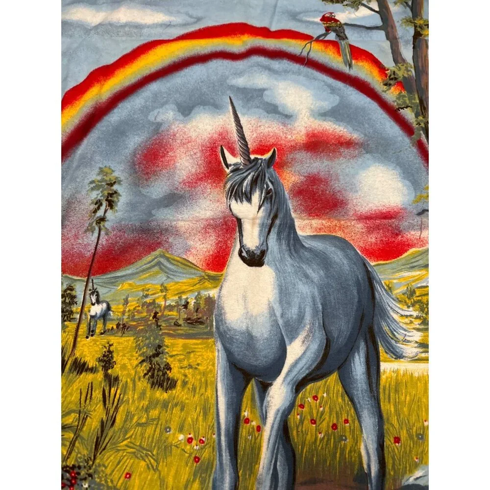 Vintage RT Brown Unicorn Parrot Tapestry Wall Hanging Blanket With Colorful Rain